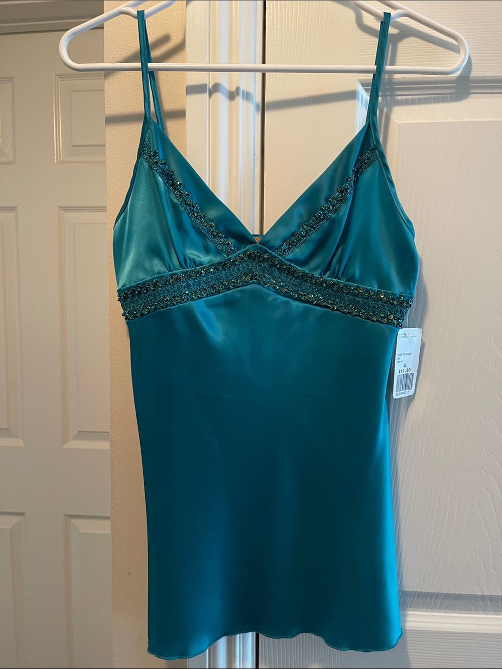 Twenty One Teal Satin Spaghetti-Strap Chemise with Beaded Trim